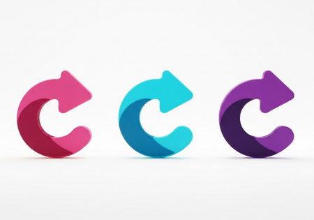Three stylized arrows, each a different vibrant color (pink, cyan, purple), curve to form the letter 'C'. They are arranged side-by-side against a clean white backdrop, symbolizing various concepts liの素材