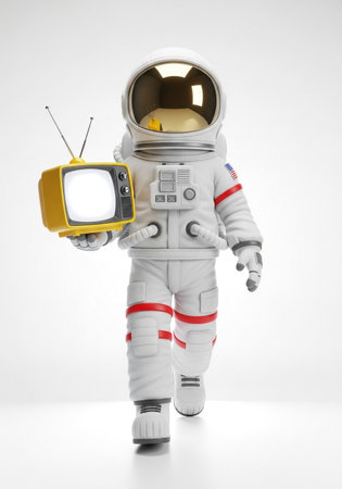 An astronaut in a white spacesuit walks forward, holding a small, yellow vintage television with an antenna, creating a unique juxtaposition of space and old media.の素材