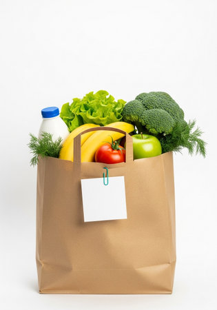 A brown paper grocery bag is filled with a colorful assortment of fresh fruits, vegetables, and a bottle of milk, representing a healthy and balanced diet.の素材