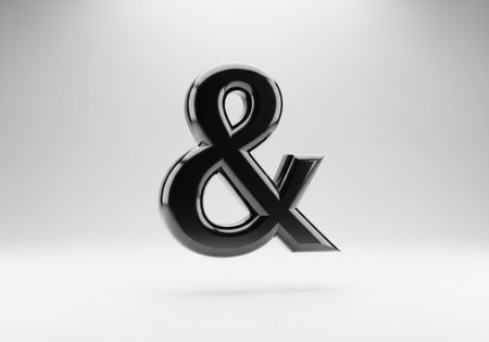 A striking, high-gloss black ampersand symbol '&' rendered in three dimensions, elegantly suspended in a softly lit studio environment, symbolizing connection and union.の素材