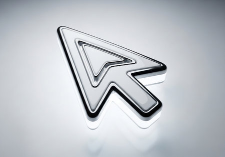 A detailed 3D render of a metallic computer mouse cursor, symbolizing digital interaction and user interface navigation on a clean, isolated white background.の素材
