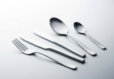 A collection of gleaming stainless steel eating utensils, including a fork, knife, and two spoons, are artfully arranged for a sophisticated dining experience.の素材