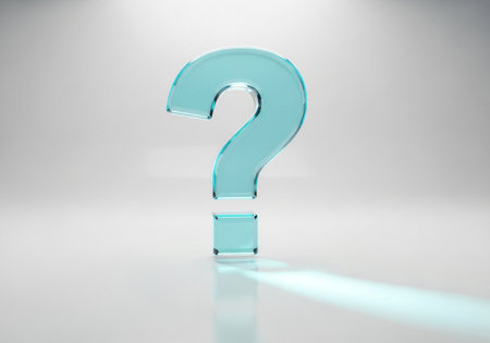 A striking, translucent blue glass question mark stands prominently, casting a subtle shadow, symbolizing inquiry and the pursuit of knowledge.の素材