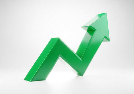 This 3D rendered image features a vibrant green arrow, bent in a zig-zag pattern, ascending sharply. It represents financial growth, positive trends, and upward momentum in business and investments.の素材