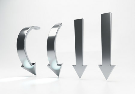 A set of four metallic arrows, two elegantly curved and two rigidly straight, all pointing downwards, are isolated on a clean white background for visual emphasis.の素材