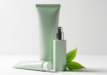 A collection of elegant green cosmetic bottles and tubes, accented by fresh green leaves, presented on a clean white background for a sophisticated product display.の素材