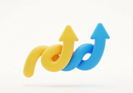 A 3D render of two intertwined arrows, one yellow and one blue, pointing upwards, symbolizing growth, progress, and collaboration in a business context.の素材
