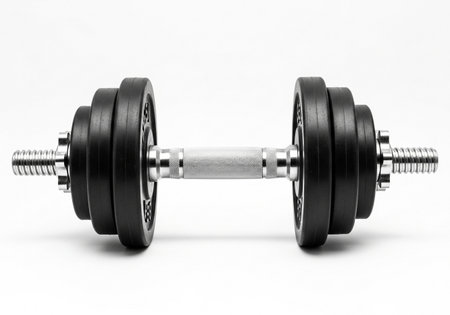 This image showcases a pair of adjustable dumbbells, featuring black weight plates and shiny chrome handles, set against a clean white background for a professional look.の素材