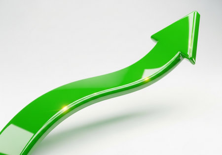 A shiny, vibrant green arrow gracefully curves upwards, signifying upward momentum, positive growth, and successful progress in a business or financial context.の素材