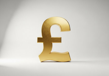 A gleaming golden British Pound Sterling symbol, representing wealth and finance, presented in a clean, modern studio setting with soft lighting.の素材