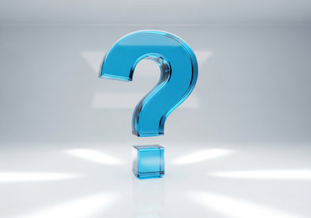 A striking 3D rendered blue question mark, appearing translucent and glossy, is presented centrally against a bright, minimalist studio backdrop.の素材