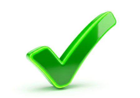 A vibrant, glossy green check mark symbol, rendered in 3D, stands out clearly against a stark white background, representing correctness and approval.の素材