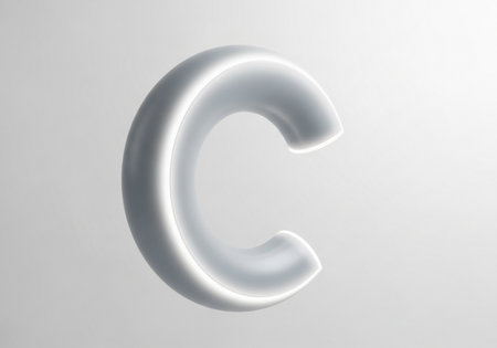 A minimalist 3D render of the letter C, showcasing its smooth, metallic texture and elegant form against a clean, bright white backdrop.の素材