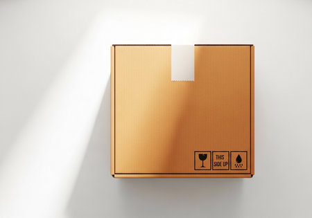 A simple brown cardboard box is sealed with tape and displays standard shipping symbols, indicating careful handling is required for its contents.の素材