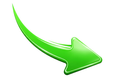 A glossy, three-dimensional green arrow curves downwards and to the right against a clean white backdrop, symbolizing direction and progress.の素材