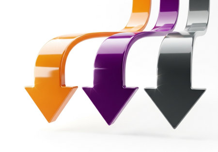 Three distinct arrows, colored orange, purple, and black, curve downwards, symbolizing a downward trend or direction against a clean white backdrop.の素材