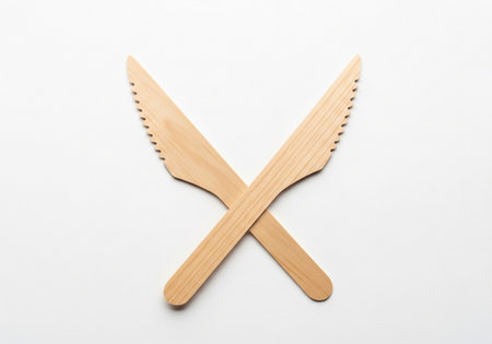 A pair of natural wooden knives are artfully arranged in a crossed formation, resembling an 'X', set against a stark white background for a clean presentation.の素材