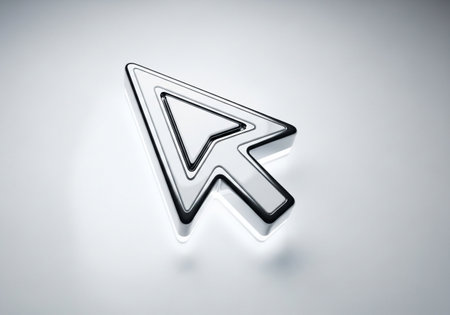 A sleek, metallic cursor icon, rendered in 3D with a sharp outline and a subtle glowing effect, set against a smooth, light gray backdrop.の素材