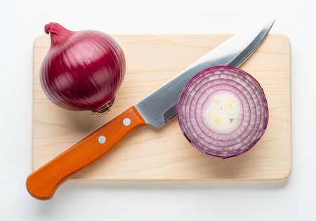A vibrant red onion, one whole and one sliced in half, rests on a light wooden cutting board alongside a sharp kitchen knife, ready for preparation.の素材