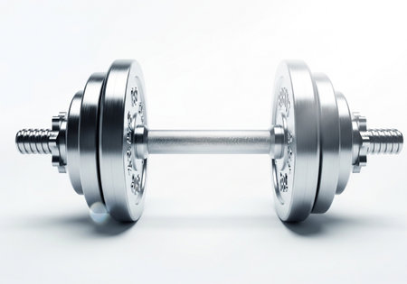 A close-up studio shot of a chrome dumbbell, showcasing its textured grip and multiple weight plates, symbolizing strength and dedication to fitness.の素材