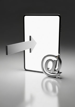 A modern tablet displays a blank screen, with a metallic arrow pointing towards it and an '@' symbol nearby, symbolizing digital communication, email, or online interaction.の素材