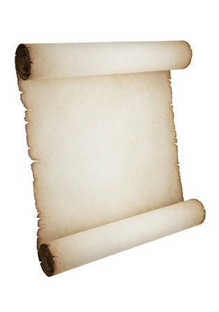 A blank, aged parchment scroll is unfurled, with rough edges and a textured surface, ready for writing or display, isolated on a pure white background.の素材