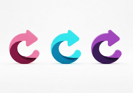Three distinct circular arrow icons, rendered in vibrant shades of pink, cyan, and purple, symbolizing refresh, repeat, or rotation in a clean, modern design.の素材