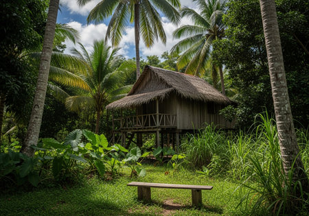 An authentic tropical bungalow, built on stilts with a traditional thatched roof, is surrounded by abundant greenery. A simple wooden bench sits invitingly in the foreground, amidst the lush jungle veの素材