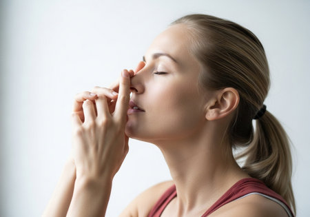 A young woman's profile is shown with her eyes closed and hands gently touching her nose, conveying a sense of deep meditation or peaceful contemplation.の素材
