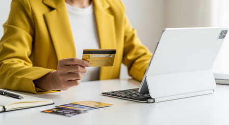 A close-up shot of a person's hands using a tablet with a credit card, highlighting the ease and convenience of online purchasing and digital financial activities.の素材