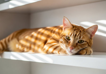 A beautiful orange tabby cat, adorned with distinct stripes, reclines serenely on a white shelf, illuminated by soft, dappled sunlight.の素材