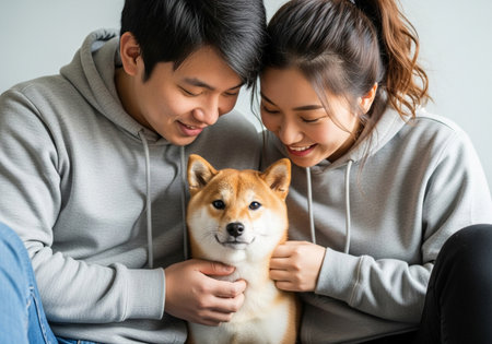 A heartwarming scene of a couple and their beloved Shiba Inu dog, captured in a close-up portrait filled with affection and shared joy.の素材