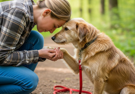 A woman kneels to connect with her golden retriever, their foreheads touching in a moment of deep affection and trust outdoors.の素材