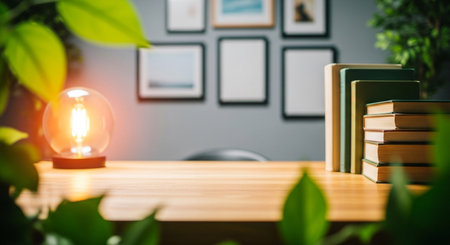 This image captures a serene workspace with a desk, a glowing lamp, stacked books, and lush green plants, evoking a sense of calm and productivity.の素材