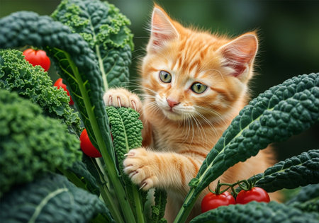 A charming ginger kitten with bright eyes explores a vibrant garden, nestled amongst fresh kale and ripe tomatoes, showcasing nature's bounty.の素材