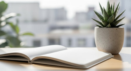 An open, blank notebook lies next to a potted succulent plant on a wooden desk, with a softly blurred urban landscape visible through a window in the background.の素材