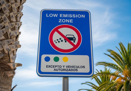 A blue traffic sign warns of a low emission zone, showing a car with particles being emitted, crossed out. Below are colored dots and text in Spanish.の素材