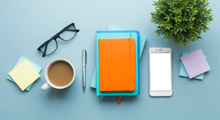 A minimalist flat lay of a tidy desk. Items include a coffee mug, glasses, pen, colorful sticky notes, stacked notebooks, a smartphone, and a small green plant.の素材