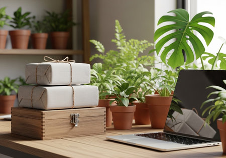 A neatly arranged stack of wrapped gifts sits beside a laptop, surrounded by lush green potted plants, creating a warm and inviting atmosphere for work or personal projects.の素材
