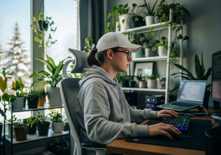 A young person in a cap and hoodie is engrossed in work on their computer, surrounded by numerous houseplants, creating a vibrant and focused workspace.の素材