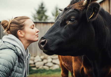 A woman with her hair styled in a bun leans in to nuzzle a large, dark cow on a farm, capturing a moment of gentle connection and affection between them.の素材