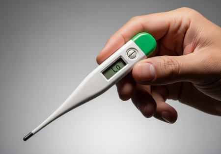 A detailed view of a hand gripping a modern digital thermometer, its screen clearly showing a low temperature reading, indicating a health status check.の素材