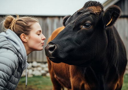 A woman shares a tender moment with a large cow, leaning in for a gentle kiss, highlighting the unique bond between humans and farm animals.の素材