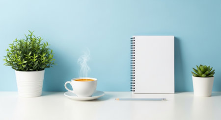 A tranquil scene featuring a warm cup of coffee emitting steam, a blank spiral notebook, and two small potted plants arranged neatly on a white desk.の素材