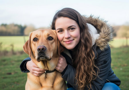 A heartwarming portrait captures a young woman with flowing curly hair embracing her loyal golden Labrador dog in a serene outdoor setting with a grassy field and trees.の素材