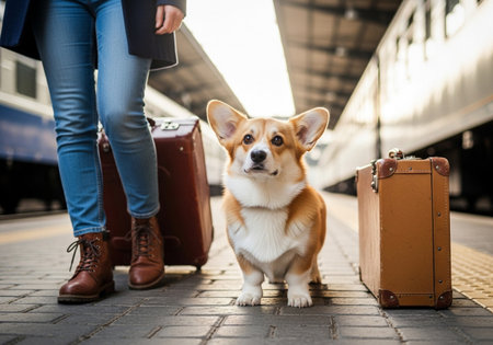 A charming Pembroke Welsh Corgi waits attentively on a bustling train station platform, its owner's luggage nearby, anticipating an exciting travel adventure.の素材