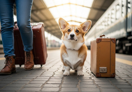 A charming corgi sits attentively on a train platform next to vintage luggage, its owner standing nearby, all poised for an exciting travel adventure together.の素材