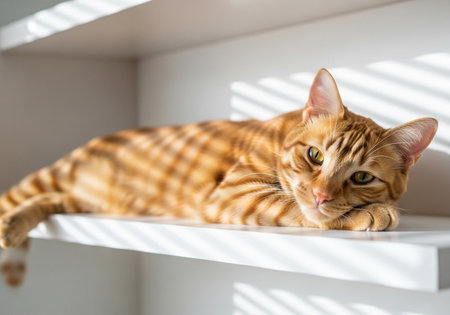 A close-up portrait of a ginger cat lounging on a white shelf, its striped fur illuminated by soft sunlight and shadows creating a warm, inviting atmosphere.の素材