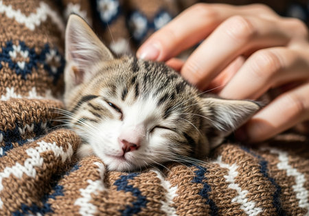 An intimate portrait of a young tabby kitten in a deep sleep, receiving gentle strokes from a human hand, wrapped in the warmth and comfort of a knitted sweater.の素材