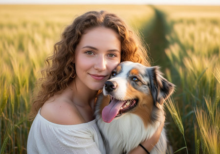 A beautiful young woman with flowing curly hair and a warm smile embraces her loyal Australian Shepherd dog amidst a sun-kissed wheat field.の素材